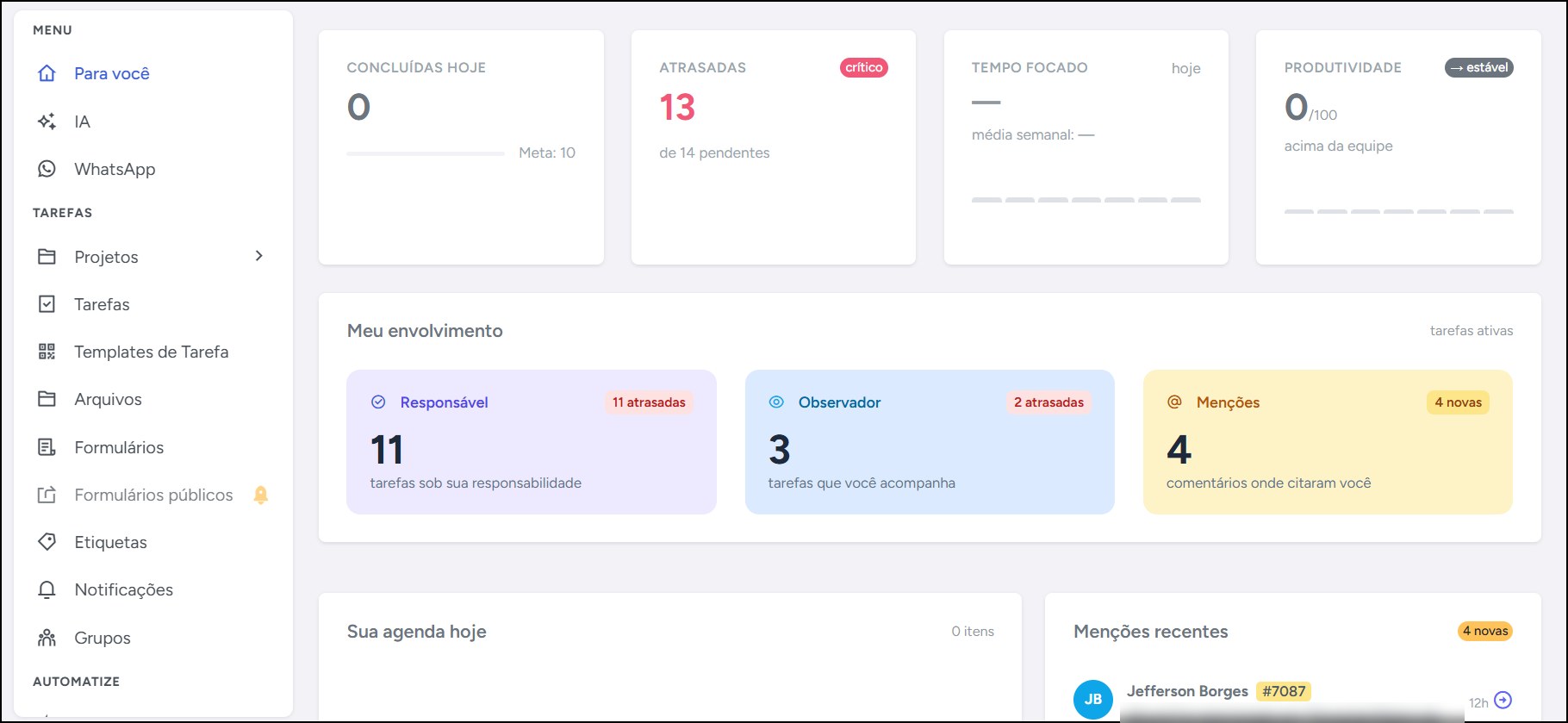 Tela Para você do Pilar com tarefas concluídas, atrasadas, envolvimento como responsável e observador e menções
